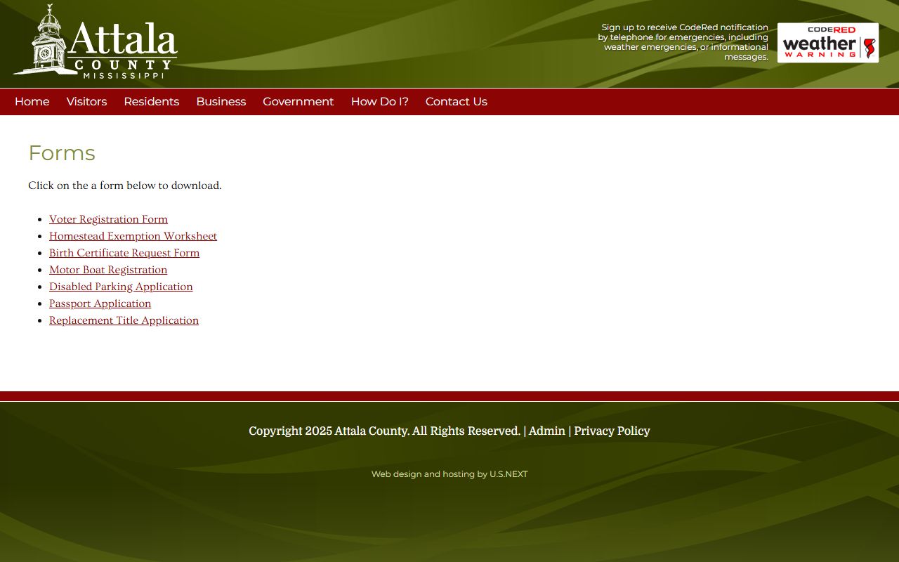 Attala County forms page with no court record request form for Circuit Clerk records