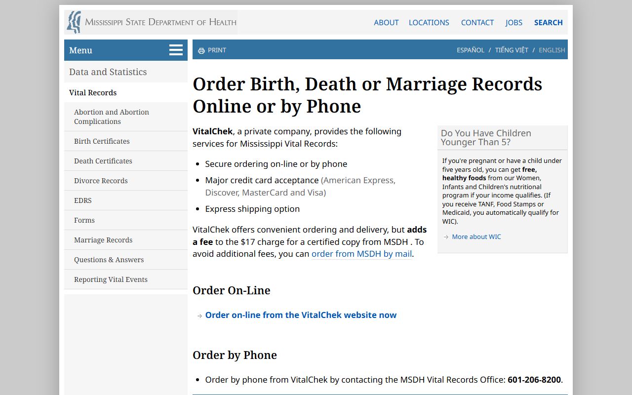 Attala County marriage records and MSDH vital records ordering page