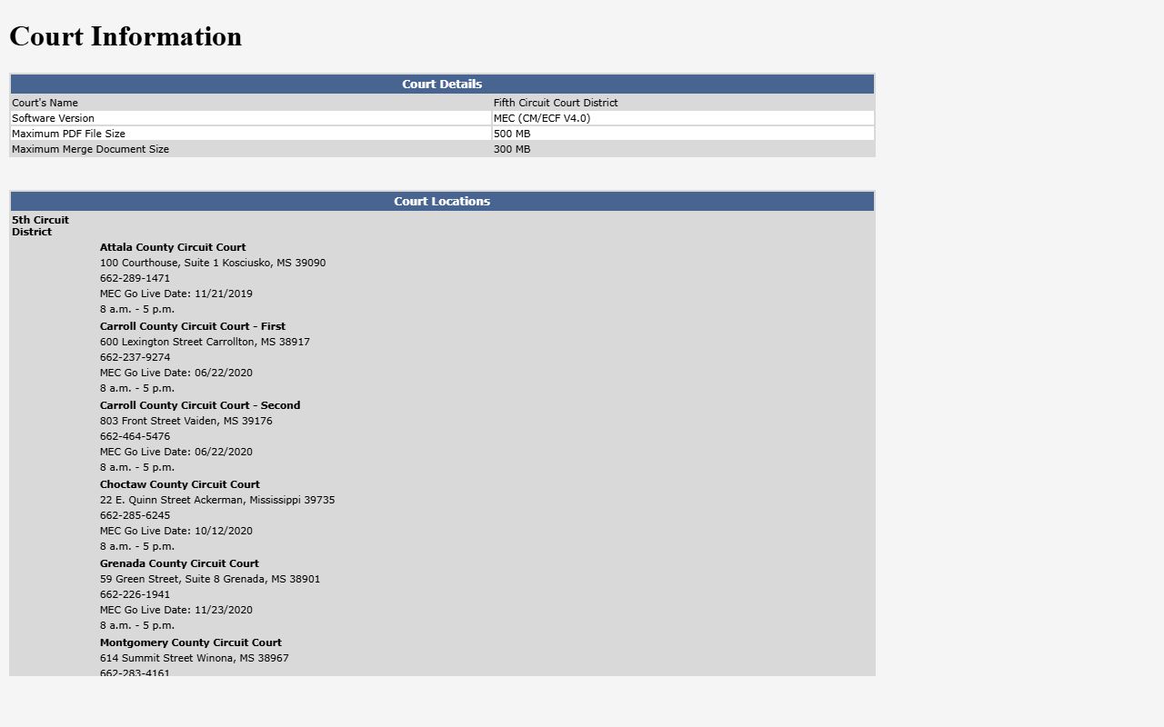 Attala County court records Fifth Circuit District MEC court information