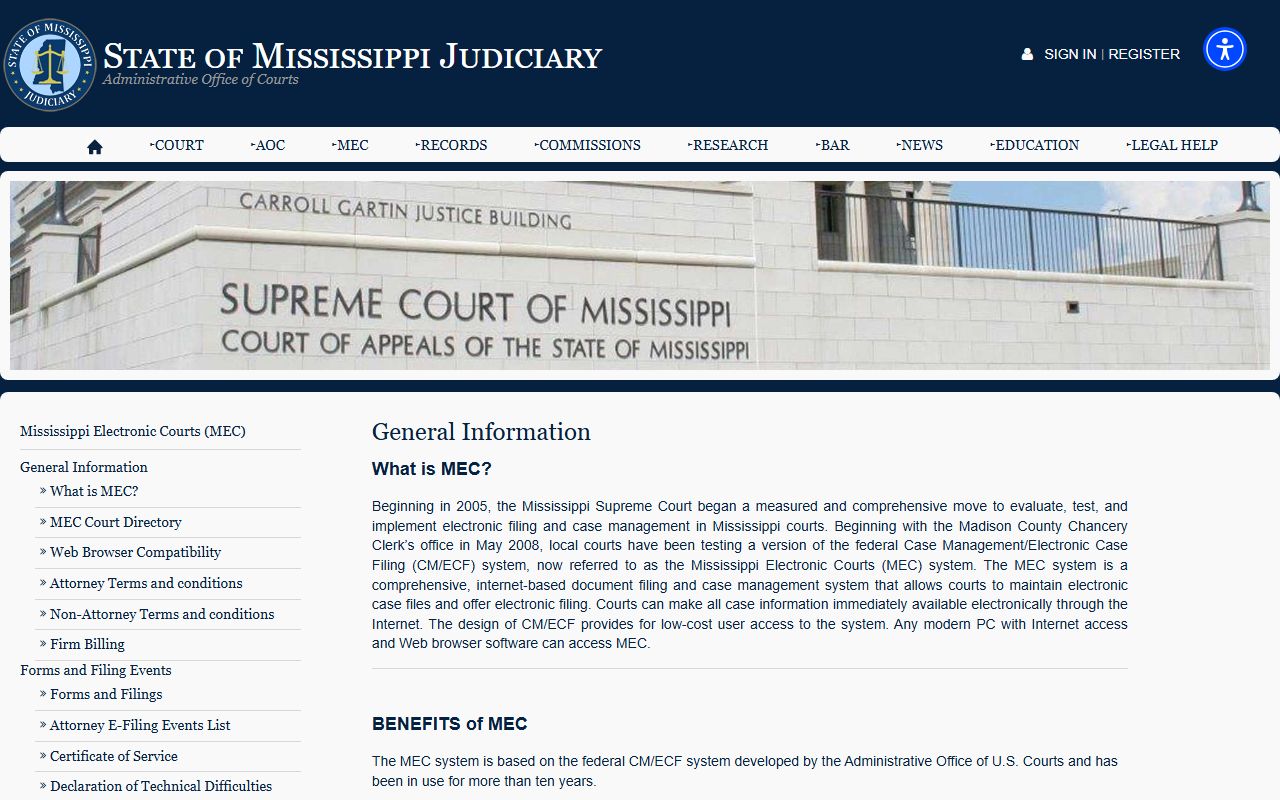 Attala County court records access through Mississippi Electronic Courts general information