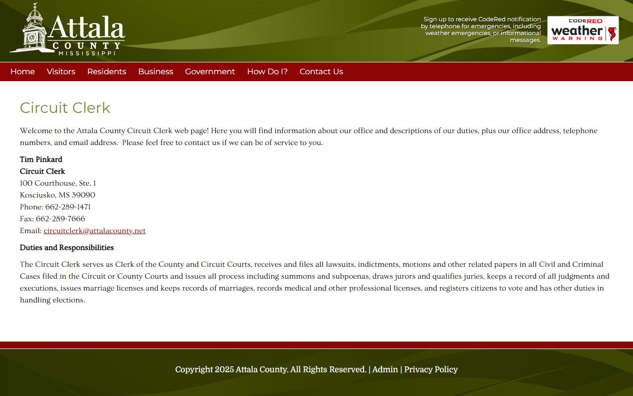 Attala County court records and duties on the Circuit Clerk page