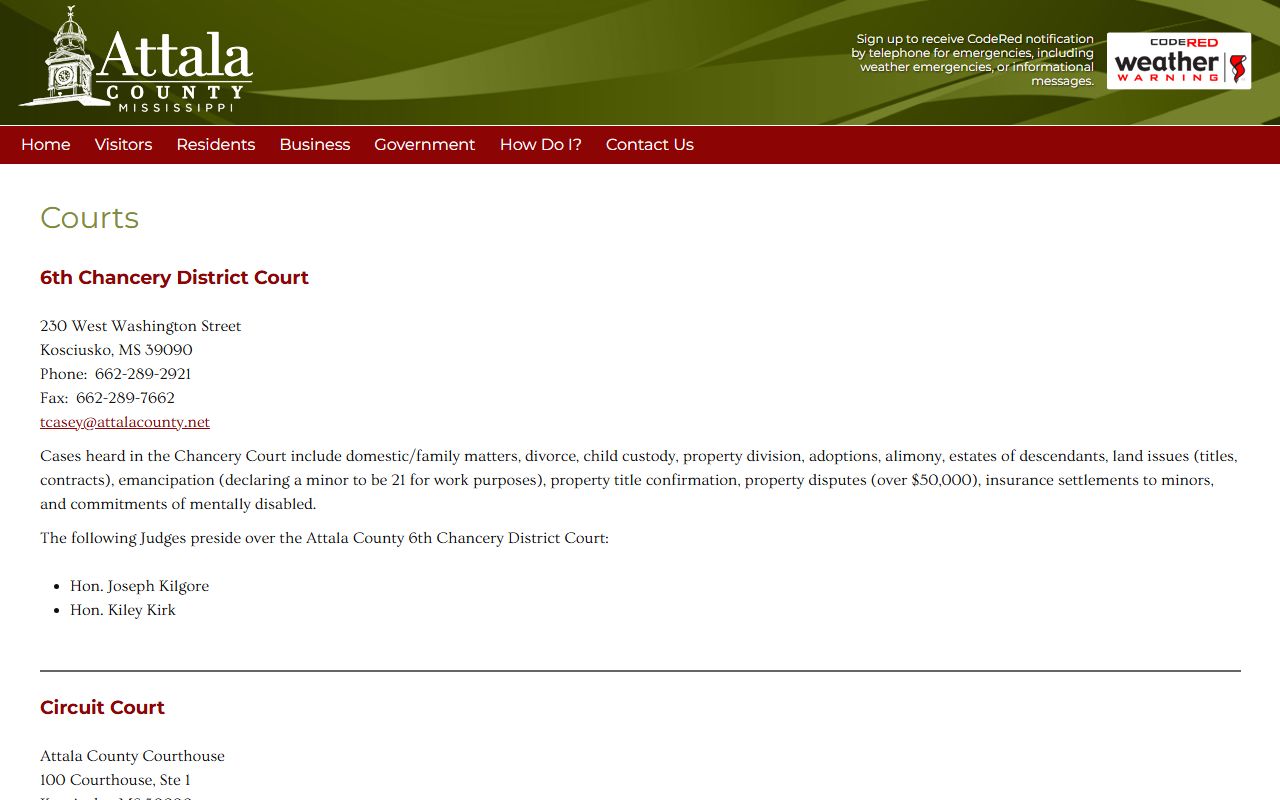 Attala County court records and judges on the county courts page