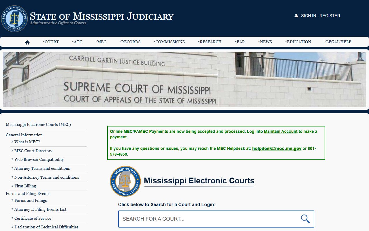 Attala County court records search through Mississippi Electronic Courts