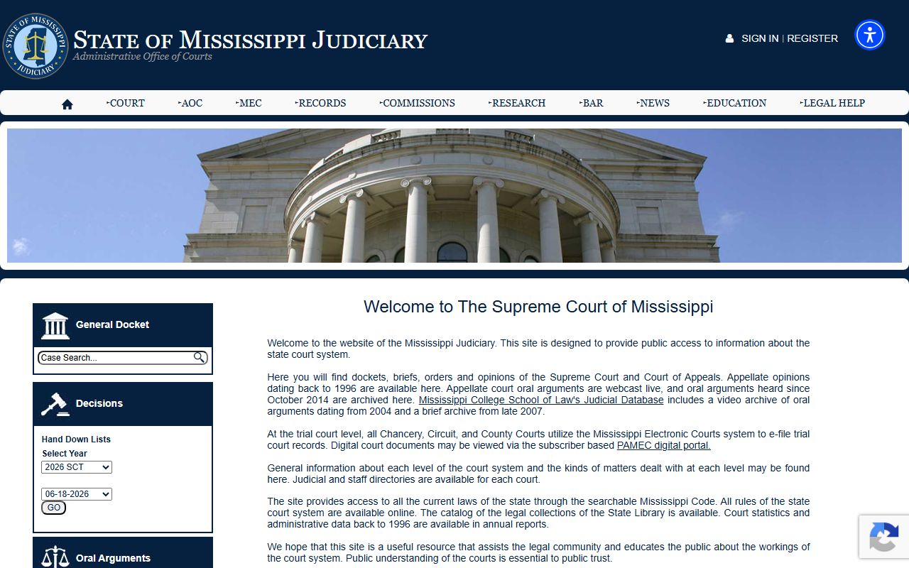 Attala County court records framework on the Mississippi Judiciary home page
